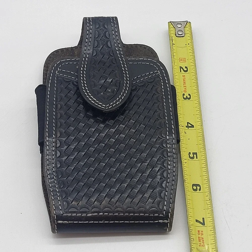Western Black Leather Phone Holster With Basketweave Pattern And Swivel Clip - Picture 13 of 14